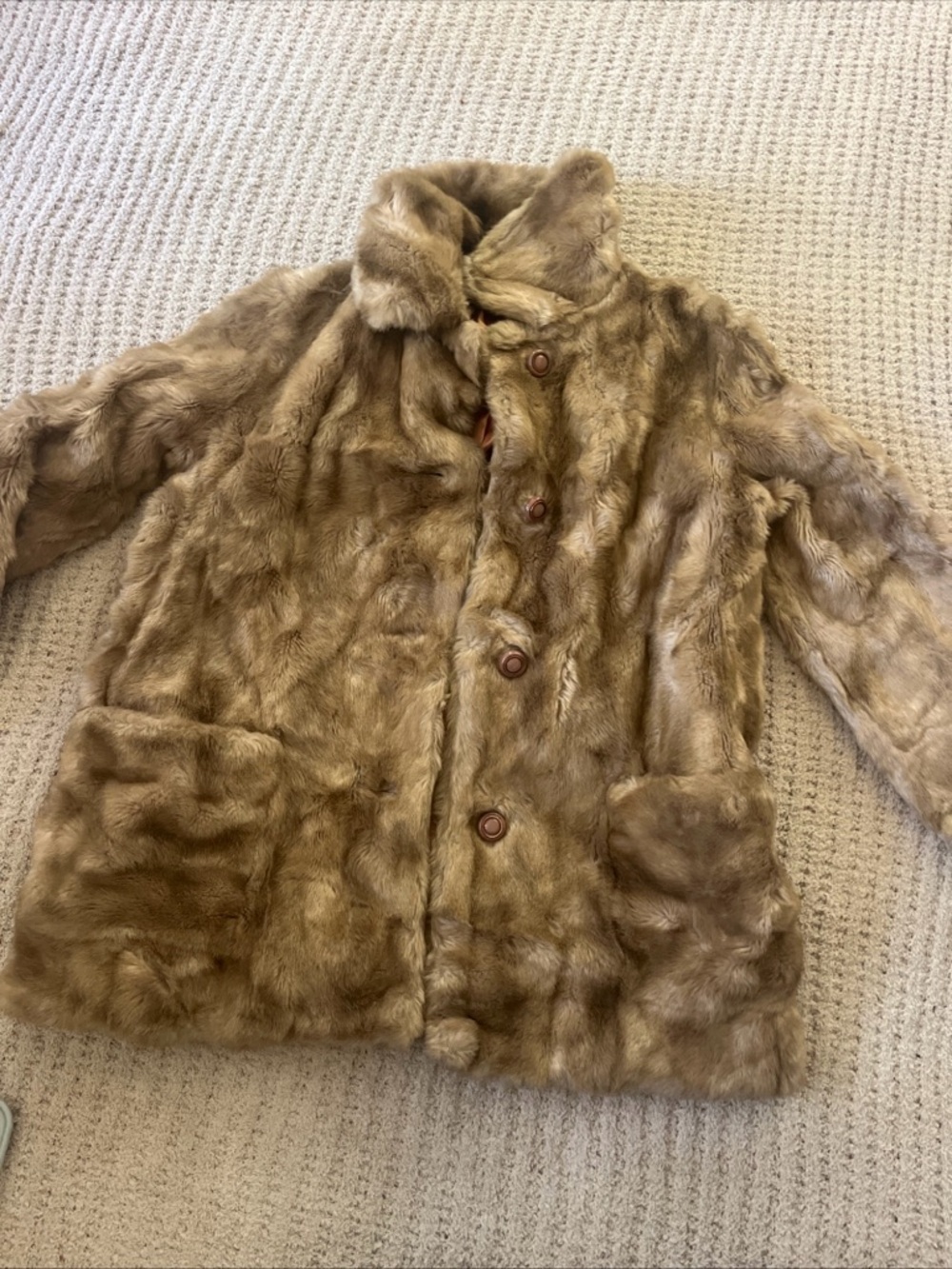 Vintage Diamonte Faux Fur Pea Coat in Camel